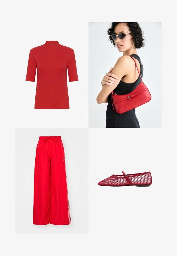 Red ribbed knit t-shirt featuring a high mock neck and short sleeves, with a fitted shape and smooth texture.; Red wide-leg pants made of lightweight fabric, featuring white side stripes and an elastic waistband with a drawstring.; Red mesh ballet flats with a pointed toe, featuring a thin strap and buckle detail. The upper has an open, honeycomb pattern.; Red leather shoulder bag with a smooth texture, curved design, and a decorative buckle accent. Adjustable strap and zip closure.