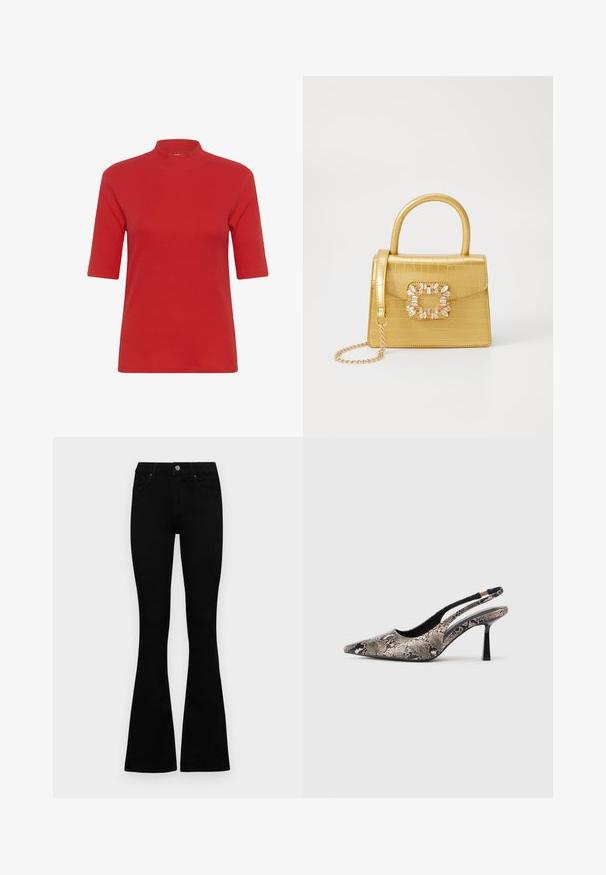 Red ribbed knit t-shirt featuring a high mock neck and short sleeves, with a fitted shape and smooth texture.; Black high-waist jeans with a button and zip closure, front pockets, and flared legs laid flat on a white background.; Pointed-toe slingback shoes made of textured snake print material, featuring a slender black heel and a cutout design on the sides.; Yellow faux-crocodile handbag with a structured design, top handle, detachable chain strap, and decorative crystal embellishment on the clasp.