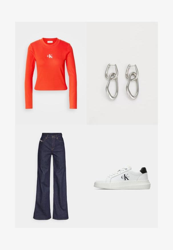 Tricou din bumbac roșu cu mânecă lungă, cu o textură ribbed și decolteu circular. Prezintă un logo alb pe piept. Design cropped.; Blugi taille mare, de culoare albastru închis, din material denim, cu croială largă, cu cusături portocalii, design cu cinci buzunare și închidere cu nasture.; Adidași albi cu glezna joasă, cu tab-ul de călcâi negru, talpă platformă, șireturi și logo-ul "CK" de la Calvin Klein pe lateral.; Calvin Klein STATEMENT LINKS - Cercei - silver-coloured