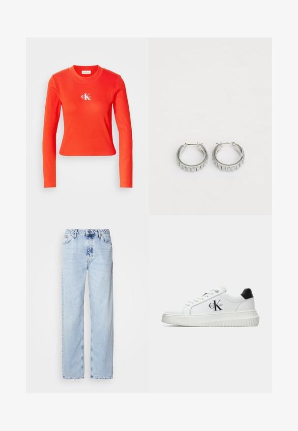 Raudonas ilgas rankovėmis medvilnės marškinėlis su raukšlinėmis tekstūromis ir apvalia iškirpte. Su baltu logotipu krūtinėje. Pjūvis trumpas.; Šviesiai mėlynos plačios kelnės, pagamintos iš džinsinio audinio, su aukšta juosmens linija, išblukusiu plovimu ir subtiliu tinių dažymu priekyje.; Balti žemakulniai bateliai su juodu kulno dangteliu, platformos padu, raišteliais ir Calvin Klein "CK" logotipu šone.; Sidabrinės auskarų žiedai su tekstūruotu dizainu, turinčiu vertikalias briaunas. Apskritimo forma su saugiu užraktu. Lygi apdaila.