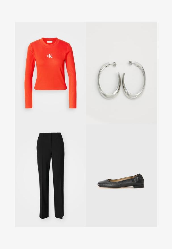 Rød langermet bomullstopp med ribbestruktur og rund hals. Har en hvit logo på brystet. Kuttet design.; Sorte skreddersydde bukser med rett silhuett, med en glatt tekstur og klare pressede bretter foran. Ingen synlig maskinvare.; Sorte lær balletflade med rund tå og minimal søm. Lav, rektangulær hæl og glat tekstur. Diskret indvendig foringsdetalje.; Sølvøreringer med en jevn, buet design. Har en blank metallisk finish og en studlås. Ingen synlige mønstre eller aksenter.