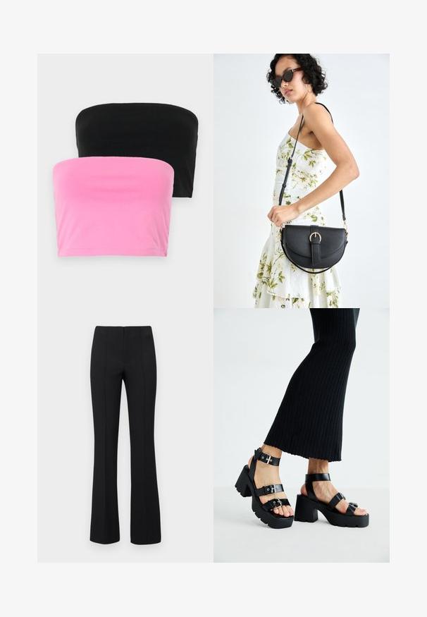 Två axelbandsfria toppar i svart och rosa. Tillverkade av mjuk bomull, med en enkel design och en stretchig passform utan stängningar.; Svarta utsvängda byxor med en ribbad struktur och enåtsittande midja. Designen har vertikala sömmar för en strömlinjeformad look. Ingen synlig hårdvara.; Svarta plattformssandaler med kraftiga yttersölar och flera remmar, med metalspännen och en slät läderliknande yta.; Svart läderhandväska med en böjd form, avtagbar rem och guldiga detaljer. Väskan har ett lock med en spänndetalj.