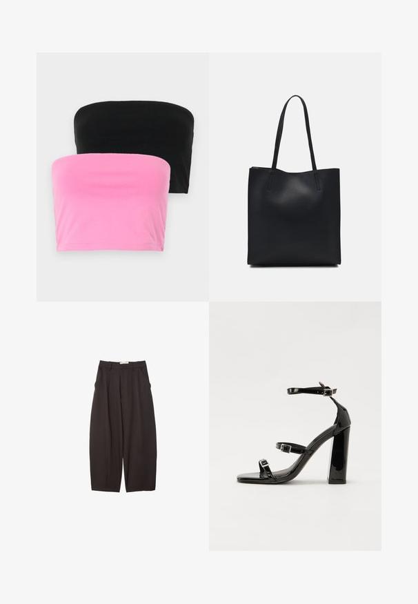 Due top senza spalline, uno nero e uno rosa. Realizzati in cotone morbido, presentano un design semplice con una vestibilità elastica e senza chiusure.; Pantaloni neri a gamba larga realizzati in un tessuto morbido, con vita alta, pieghe frontali e tasche laterali. Design semplice senza decorazioni.; Sandali con tacco in vernice nera, con punta squadrata, cinturini alla caviglia e fibbie in argento. Presentano un tacco a blocco spesso per maggiore stabilità.; Borsa tote in pelle nera con texture liscia, forma rettangolare e due manici lunghi. Nessun hardware o decorazione visibile.