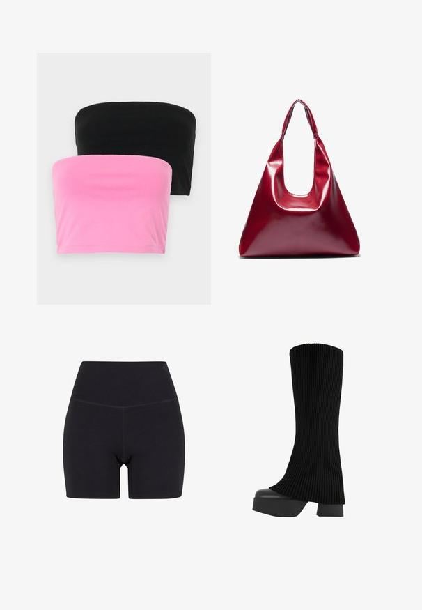 Två axelbandsfria toppar i svart och rosa. Tillverkade av mjuk bomull, med en enkel design och en stretchig passform utan stängningar.; Svarta högmidjade shorts av stretchigt material. Har resår i midjan, slät yta och midjehöjd med sömlös design.; Svart knähög stövel med ett ribbat tygövre, kraftig plattformssula och blockklack, med en slät yta och en elegant, modern design.; Röd glansig läderhandväska med triangulär form, bred öppning upptill och ett enda krökt handtag. Slät textur med minimala sömnadsdetaljer.