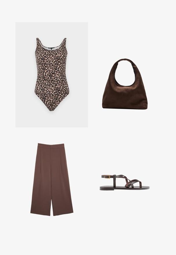 Enodelni kopalke v leopardjem vzorcu v odtenkih bež in črne. Imajo krogelni izrez, naramnice in oblikovanje noge z visokim rezom. Gladek tekstil.; Rjave široke hlače z gladko teksturo, ki imajo visok pas in sprednje naborke. Tkanina je lahka in prosto pada.; Rjav usnjen sandal z načinom prečnega črta, zaklepom okoli gležnja in ravnim podplatom z minimalnimi šivi.; Mehakna rjava torbica v hobo stilu z enim širokim trakom in ukrivljenim odprtjem na vrhu, prikazana na beli podlagi.
