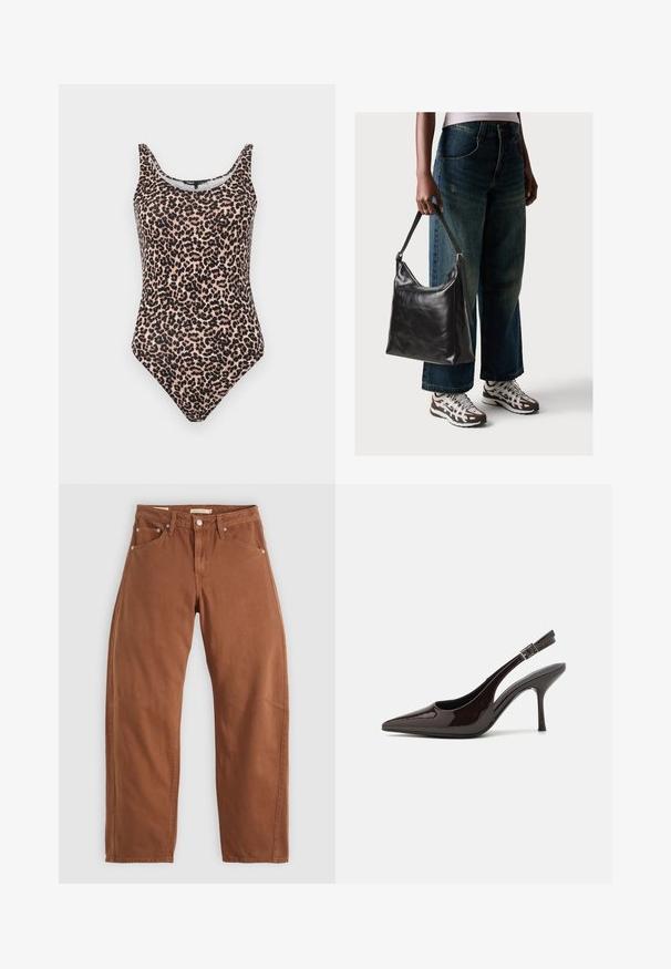 Leopard-print one-piece swimsuit in shades of beige and black. Features a scoop neck, tank straps, and a high-cut leg design. Smooth fabric texture.; Rust brown straight-leg jeans with front and back pockets, metal rivets, button closure, and belt loops, laid flat on a white background.; Slingback high-heeled shoe in glossy dark brown patent leather, pointed toe, open sides, and adjustable ankle strap.; Black leather shoulder bag with a smooth texture and adjustable strap, paired with faded wide-leg jeans and athletic sneakers.