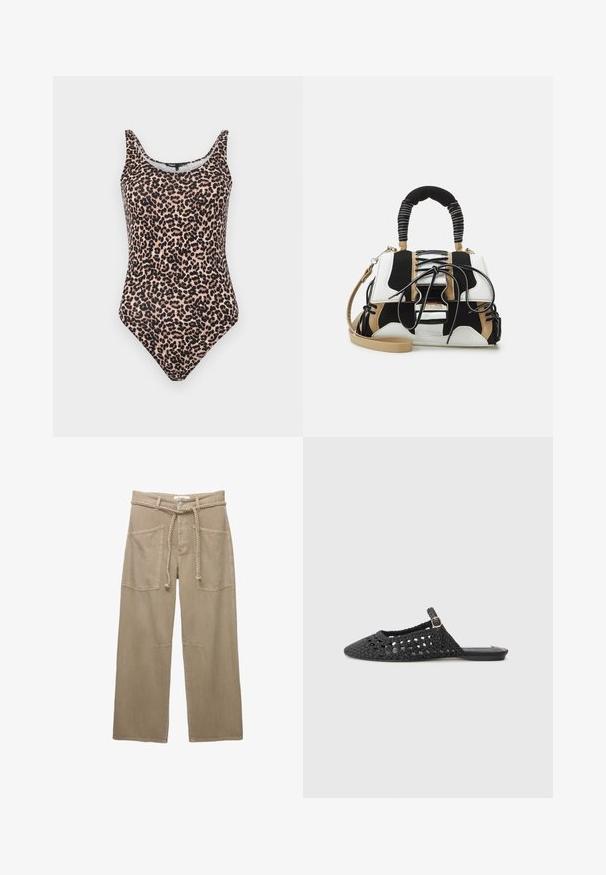 Ein Einteiler mit Leopardenmuster in Beige- und Schwarz-Tönen. Verfügt über einen Rundhalsausschnitt, Träger und ein hochgeschnittenes BeinDesign. Glatte Stoffoberfläche.; Beige weite Hosen aus robustem Stoff, mit großen Fronttaschen, einem geflochtenen Gürtel und dezenten Nahtdetails.; Schwarzer gewebter Slingback-Schuh mit spitzem Zehenbereich, strukturiertem Material, seitlichem Schnallen-Detail und flacher Sohle.; Mehrfarbige Handtasche aus schwarzem, weißem und beigem Netzmaterial. Verfügt über einen strukturierten Griff, ein Schnürdesign und einen abnehmbaren Schultergurt.