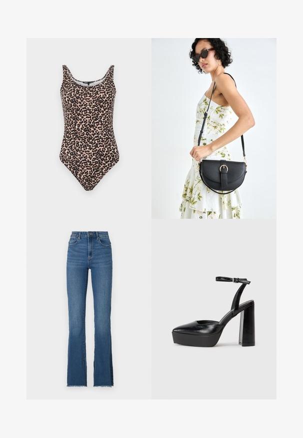 Leopárdmintás egyrészes fürdőruha bézs és fekete árnyalataiban. Kerek nyakkivágással, pántos rögzítéssel és magas szabású lábformával rendelkezik. Sima szövettextúra.; Fellengő kék farmernadrág magas derékkal, meglazult szegéllyel és öt zsebes dizájnal. Simaság jellemzi, enyhe kopással.; Fekete platform magassarkú cipők hegyes orral és állítható bokapánttal. Sima bőrből készült, vastag talppal.; Fekete bőrtáska ívelt formával, levehető pánttal és arany színű fémrészekkel. A táskán egy csattal díszített fedél található.