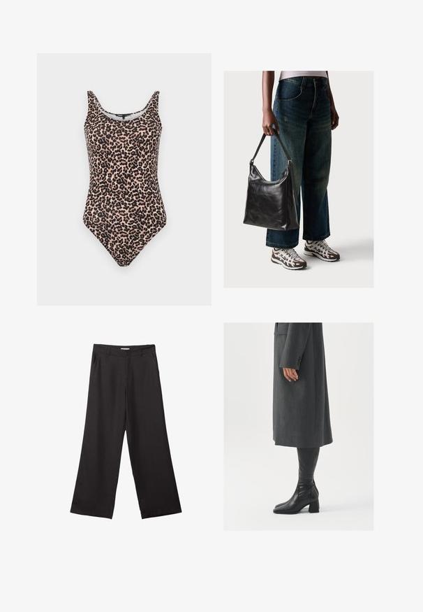 Leopard-print one-piece swimsuit in shades of beige and black. Features a scoop neck, tank straps, and a high-cut leg design. Smooth fabric texture.; Black wide-leg trousers made of smooth fabric, featuring a front zipper and two side pockets, with a tailored fit and minimalistic design.; Gray, tailored overcoat with a straight cut; paired with knee-high black leather boots featuring a square toe and chunky heel.; Black leather shoulder bag with a smooth texture and adjustable strap, paired with faded wide-leg jeans and athletic sneakers.