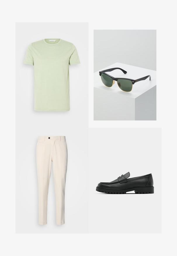 Gaiši zaļš kokvilnas t-krekls ar apli izgriezumu un īsām piedurknēm. Priekšā ir izdrukāts teksts "Ciao Bella" vieglā, gaišā krāsā.; Beige pielētas bikses ar plakanu priekšpusi, vienu pogu aizdari un diviem slīpiem sānu kabatām. Gluda auduma ar šauru piegriezumu un sašaurinātu kāju.; Melnas ādas loafers ar noapaļotu purngalu, ar izšūtu dizainu, zemu platformas zoli un teksturētu, rievotu gumijas ārējo zoli.; Ray-Ban saulesbrilles ar zaļiem stikliem, melniem plastmasas rāmiem un zelta akcentiem malās. Kvadrāta forma ar matētu apdari.