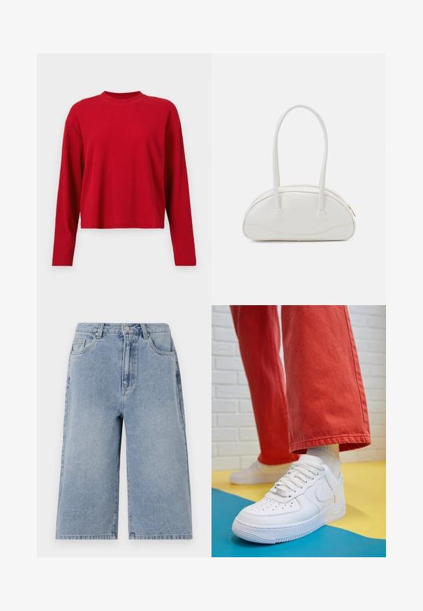 Rød ribbet langermet topp med høy hals og løs passform, laget av et mykt materiale med subtil tekstur.; Lyseblå denimshorts med løs passform, middels høy livvidde og synlige sømmer. Har sidelommer og baklommer, samt knappelukking.; Hvit lær sneakers med perforert tåboks, teksturert såle og hvite snørebånd, paret med vide røde bukser og en blå og gul bakgrunn.; Even&Odd Håndveske - off-white