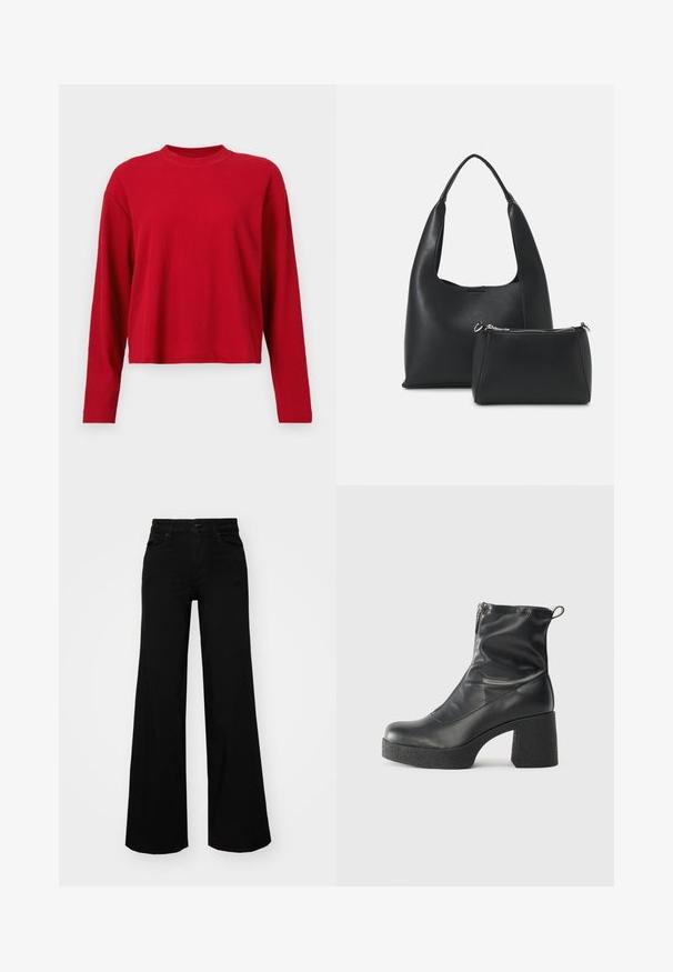 Punainen ribbestä pitkähihaine paita, jossa on korkea kaulus ja rento istuvuus. Paita on valmistettu pehmeästä materiaalista, jossa on hienovarainen tekstuuri.; Musta leveälahkeinen farkkupanta, jossa on rakenteellinen vyötärö, vyölenkit ja etutaskut. Sujuva rakenne klassisella muotoilulla.; Mustat nilkkurit, jotka on valmistettu sileästä nahasta. Niissä on sivuvetoketju, paksu teksturoitu korko ja pyöristetty kärki.; Even&Odd Käsilaukku - black