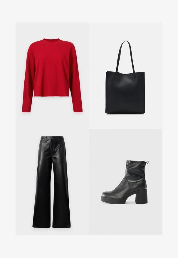 Röd, ribbad långärmad topp med hög halsringning och lös passform, tillverkad av ett mjukt material med subtil textur genom hela plagget.; Svarta högmidjade vida byxor i konstläder med framknapp, dragkedjestängning, bältesöglor och sidofickor på vit bakgrund.; Svarta ankelstövlar i slitstark läder, med sidodragkedja, kraftig strukturerad klack och rundad tådesign.; Svart lädertoffelväska med slät textur, rektangulär form och två långa handtag. Ingen synlig hårdvara eller dekorationer.
