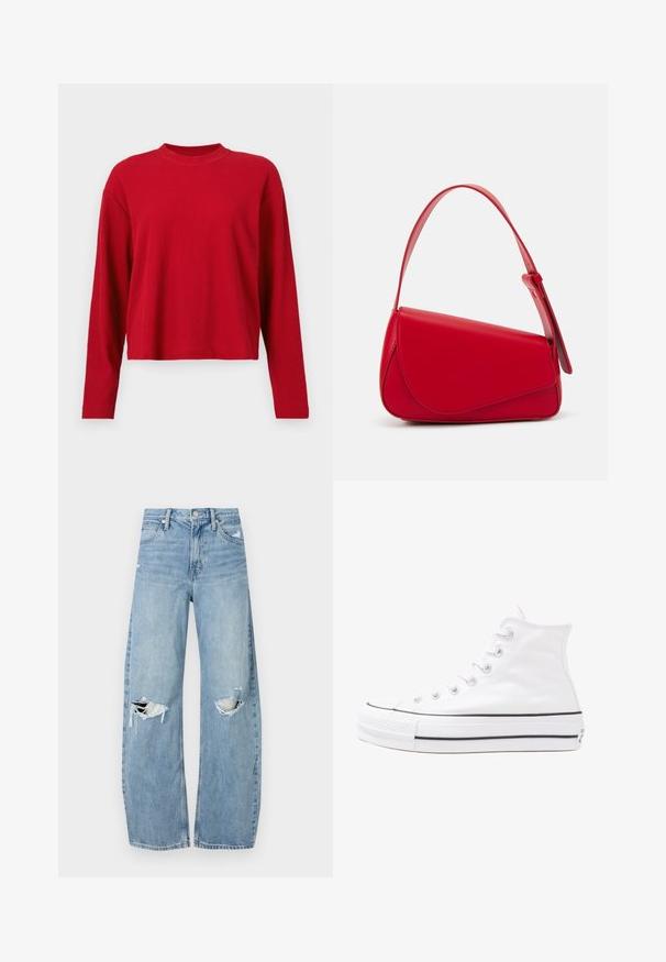 Czerwony, prążkowany top z długim rękawem, z wysoką szyją i luźnym krojem, wykonany z miękkiego materiału o subtelnej fakturze.; Jasnoniebieskie, wysokiej talii dżinsy wykonane z denimu. Posiadają szerokie nogawki, dwa podarte miejsca na kolanach oraz klasyczne pięć kieszeni.; Białe wysokie trampki z płótna z czarną gumową podeszwą, przednim czubkiem z gumy i sześcioma dziurkami na sznurowadła, charakteryzujące się prostym, minimalistycznym designem.; Czerwona skórzana torebka o kanciastym, geometrycznym designie. Posiada jedną regulowaną rączkę oraz zapięcie na klapę z przeszyciami.