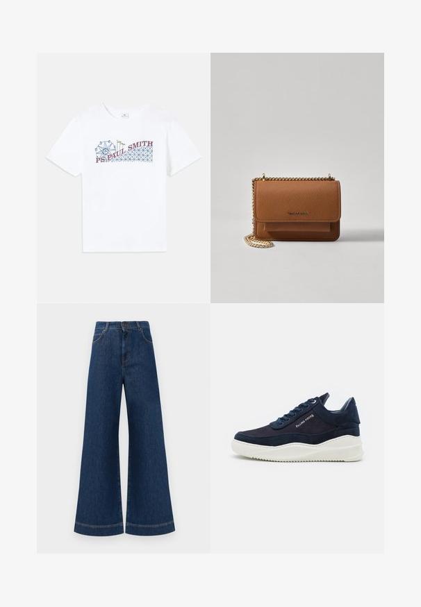 Hvit bomulls t-skjorte med et fargerikt grafisk trykk av et pariserhjul og berg-og-dal-bane, med "PS Paul Smith"-tekst i rødt og blått.; Bredde ben blå denim bukser med høy midje, med en knappeåpning, beltehemper og subtile sømdetaljer langs lommer og sømmer.; Mørk marineblå svineskinnsneakers med hvite gummisulder, rund tå og snøredesign. Har logodetalj på siden og teksturerte aksenter.; Brun teksturert lær crossover-veske med gullkjede-stropp og klaffelukking. Fronten har logo-detalj og en lomme under klaffen.