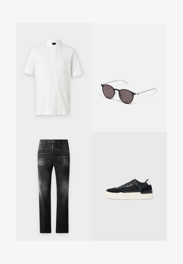 Valkoinen polo-paita, jossa on teksturoitu kuvio, kolmen nappulan kaulus ja lyhyet hihat, joissa on kontrastiväriset resorit. Valmistettu puuvillasta.; Mustat denimfarkut suoralla istuvuudella. Ominaisuuksiin kuuluu haalistuneita alueita, pieniä kulumia, klassinen viiden taskun malli sekä nappisulku.; Mustat lenkkarit, joissa on verkkokangasta ja nahkaa, paksu valkoinen pohja ja kontrastivärit. Nauhat ja logo yksityiskohtana sivulla.; Musta pyöreä aurinkolasit tummilla linsseillä ja kapeilla metallikehyksillä. Sisältää kirkkaat temppelet ja hopeiset yksityiskohdat saranassa. Minimalistinen muotoilu.
