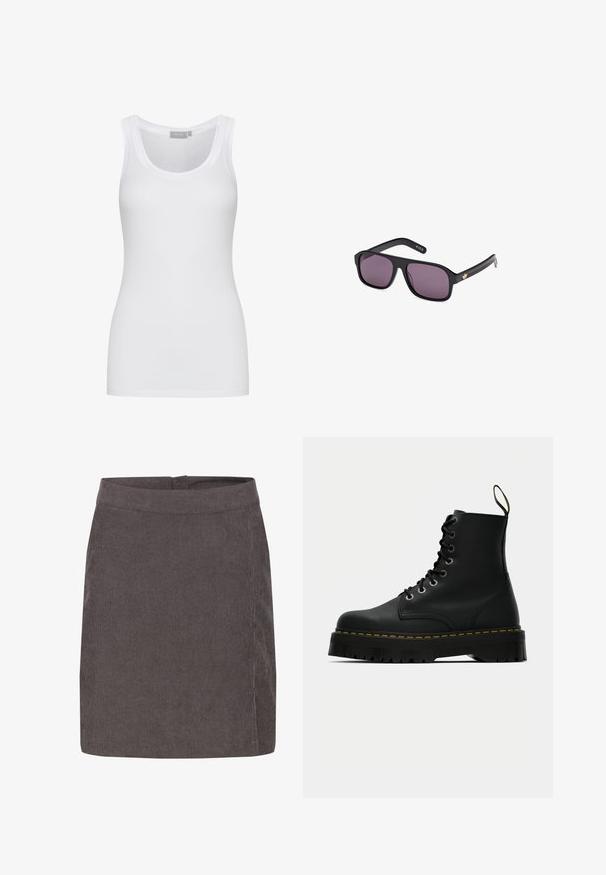 Camiseta sin mangas blanca de algodón con cuello redondo y un ajuste ceñido. Presenta tirantes anchos y una textura suave. No se observan patrones ni acentos.; Kaffe VERA - Falda acampanada - major brown c; Botas de tobillo de cuero negro con cordones, suela de goma texturizada gruesa y detalle de costura amarilla alrededor de la plataforma.; Gafas de sol negras con montura cuadrada, lentes oscuros y un acento de logo dorado en la varilla. Material plástico suave con acabado mate.