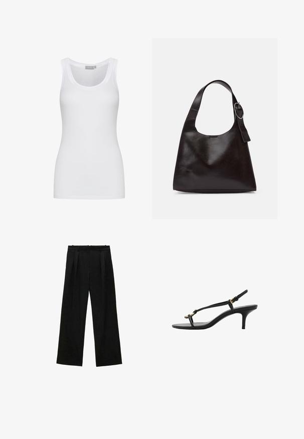 White, cotton tank top with a round neck and slim fit. Features wide shoulder straps and a smooth texture. No patterns or accents visible.; Black wide-leg trousers with pleats, featuring a smooth texture and a high waist design. Minimalist style, no visible hardware or embellishments.; Black leather kitten heel sandal with thin straps, gold buckle, and minimalist toe loop on a white background.; Brown leather shoulder bag with a smooth texture, rounded shape, wide strap, and circular metallic accent on the handle.
