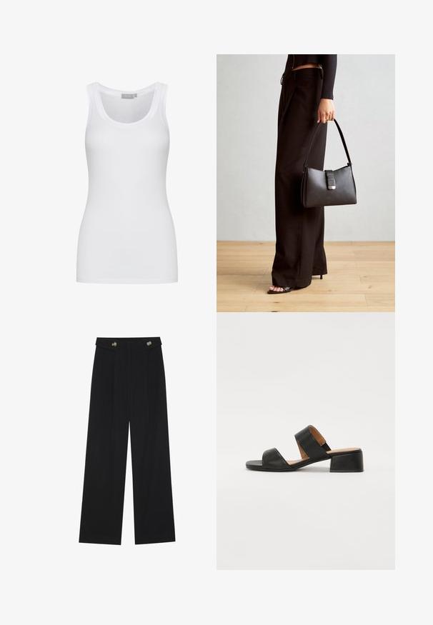 Bela bombažna majica s tankimi naramnicami in okroglim izrezom, tesno prilega telo. Ima široke naramnice in gladko teksturo. Brez vzorcev ali okrasnih elementov.; Črne široke hlače s visokim pasom, gumbnimi detajli na pasu in sprednjimi gubami.; Črne usnjene sandale z dvema širokima trakoma čez stopalo, kvadratnim prstom in nizko blok peto. Gladka tekstura in minimalističen dizajn.; Črna torbica z strukturirano obliko, gladko teksturo in kovinskim zaponko. Ujemajo se z širokimi črnimi hlačami in odprtimi sandali na lesenem tleh.