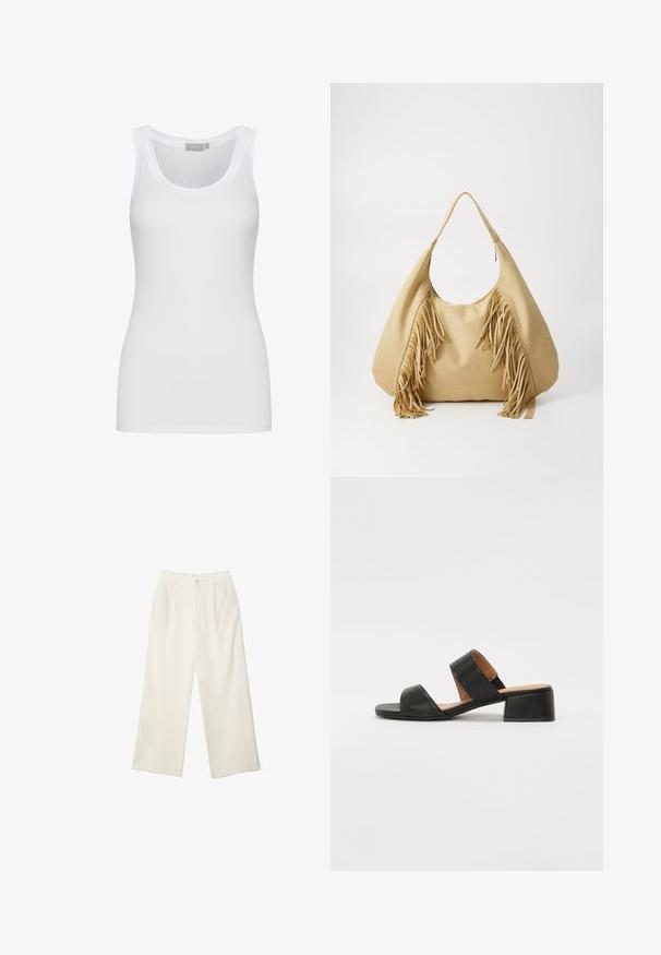 Bijela pamučna majica bez rukava s okruglim izrezom i uskim krojem. Ima široke naramenice i glatku teksturu. Nema vidljivih uzoraka ili akcenta.; Hlače širokih nogavica od kremaste tkanine s glatkom teksturom, s jednim prednjim gumbom, suptilnim plitvicama i visokim strukom.; Crne kožne sandale s dva široka remena preko stopala, kvadratnim vrhom i niskom blok petom. Glatka tekstura i minimalistički dizajn.; Torbica od svijetlosmeđeg sueda s velikim otvorom i dugim resicama s obje strane, s glatkom teksturom i jednom ručkom.