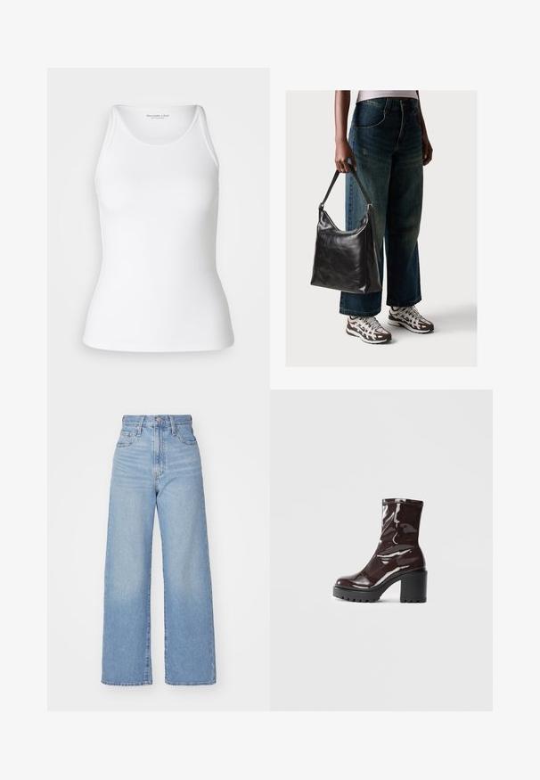 Abercrombie & Fitch HIGHNECK 4WAY CURVE HEM CAMI - Top - brilliant white; Jeans de tiro alto y pernera ancha en azul claro, con cierre frontal de botón y cremallera, y bolsillos delantero y trasero, sobre un fondo blanco.; Botín burdeos brillante hasta el tobillo con un tacón negro grueso, que presenta una textura suave y un diseño sencillo. Sin cierres ni patrones visibles.; Bolso de hombro de cuero negro con una textura suave y correa ajustable, combinado con jeans de pierna ancha desgatados y zapatillas deportivas.