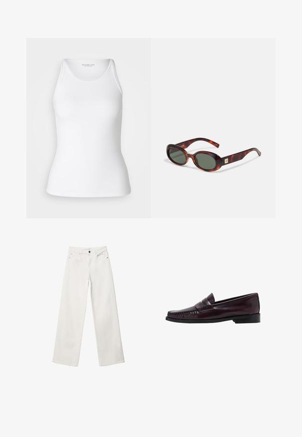 Abercrombie & Fitch HIGHNECK 4WAY CURVE HEM CAMI - Top - brilliant white; Bijele široke traperice od denima, s visokim strukom, dizajnom od pet džepova i metalnim zatvaračem. Glatka tekstura, bez uzoraka.; Muške tamnosmeđe kožne mokasine s crnom potplatom i detaljima šivanja uz prste, prikazane u bočnom profilu.; Naočale od kornjače s tamnim lećama, ovalnog oblika, i širokim krakovima. Imaju mali zlatni naglasak sa strane. Glatki plastični materijal.