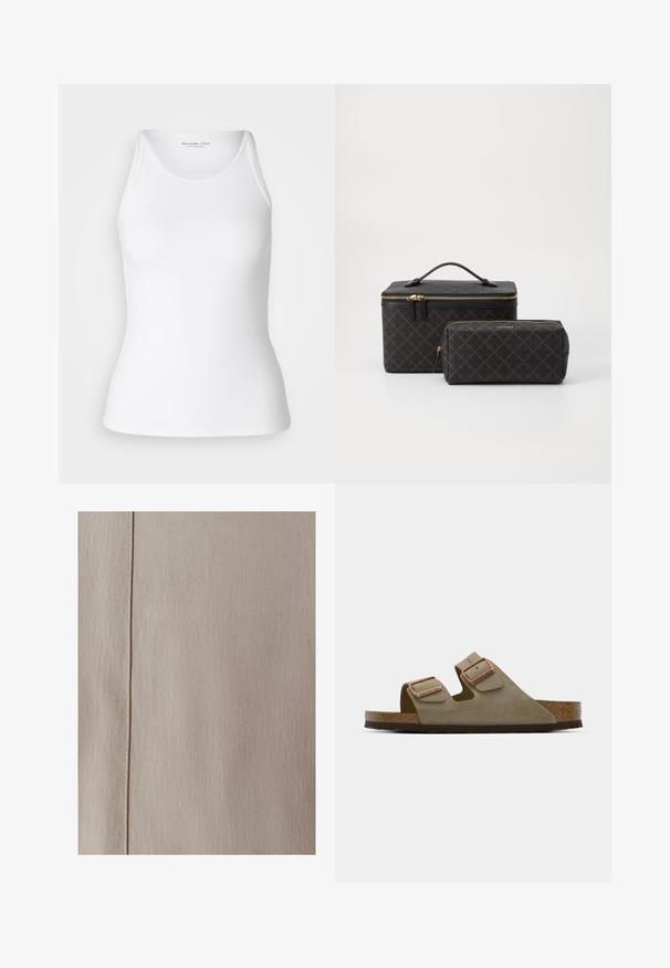 Abercrombie & Fitch HIGHNECK 4WAY CURVE HEM CAMI - Top - brilliant white; Písek texturovaná látka s diagonálním tkaním, s švem probíhajícím svisle podél okraje. Materiál vypadá měkký a jemný.; Světlé taupe semifinálové sandály s dvěma nastavitelnými pásky a hardwarem v růžovém zlatě. Korek vyplněná stélka na texturované hnědé podrážce. Design s otevřenou špičkou.; Sada kosmetických tašek v černo-hnědém vzoru; větší taška ve tvaru boxu s uchem, menší cylindrická taška; zlaté zipy a kovové detaily.