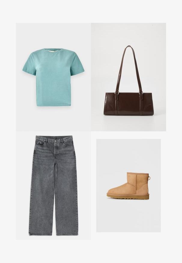 Īsām piedurknēm, ar apaļu kakla griezumu, T-krekls gaiši teal krāsā no kokvilnas auduma. Iespējo vienkāršu, neizrotātu dizainu ar šūtiem apmales malām.; Platīna džinsi tumši pelēkā denimā. Iezīmē augstu vidukli, piecu kabatu dizainu un priekšējo pogu aizdari. Gluda tekstūra ar vieglu izbalēšanu.; Tan zābaki līdz potītei ar apaļu purngalu, ar izšūtiem rakstiem, ar cilpu aizmugurē un strukturētu gumijas zoli. Izstrādāti komfortam un siltumam.; Brūna lakota ādas rokassoma ar taisnstūra formu, divām garām rokturiem un delikātiem izliekumiem priekšpusē.