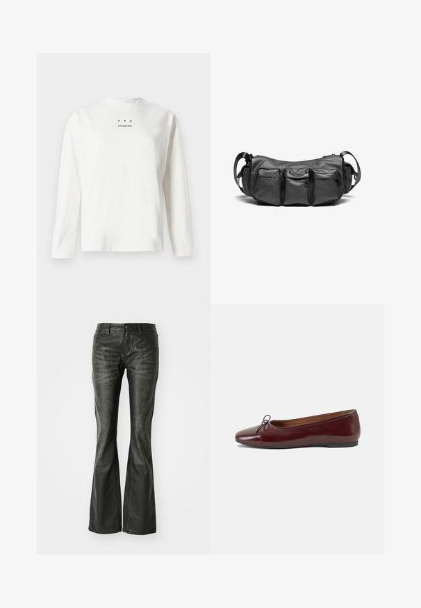 Hosszú ujjú, fehér pamut póló, crew nyakkivágással, elöl nyomtatott fekete "C P H STUDIOS" felirattal.; Fekete műbőr, bővülő szárú farmernadrág elülső zsebekkel, fémből készült gombos záródással és enyhén textúrázott felülettel. Egyenes szárú, hosszú fazon.; Burgundi lakkbőr balettcipő kerek orral, elöl kis masni díszítéssel és alacsony, fekete gumi talppal. Simára csiszolt felület.; Fekete bőr keresztpántos táska texturált felülettel. Három külső zsebbel és állítható pánttal rendelkezik. Kompakt, kerek alakú.