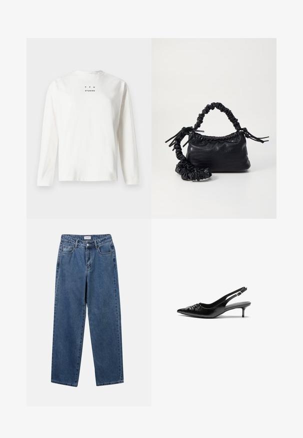 T-shirt de mangas compridas, branca, feita de algodão, com um decote redondo e texto preto impresso "C P H STUDIOS" na frente.; Jeans de denim azul clássicos com um design de perna reta, cinco bolsos e fecho de botão. Apresenta um tratamento médio e uma textura resistente.; Sapatos de salto alto slingback em couro preto com bico fino, pequeno salto kitten e um detalhe decorativo em forma de nó na parte da frente. Textura suave em toda a parte.; Bolsa de mão em couro sintético preto com textura de crocodilo, topo franzido e alça enrugada. Apresenta um design suave e compacto.