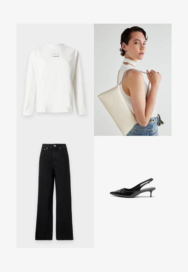 Pikad varrukad valge T-särk, mis on valmistatud puuvillast, ümmarguse kaelusega ja mille ees on must prinditud tekst "C P H STUDIOS".; Kõrge vöökohaga mustad teksapüksid laia säärega disainiga, viie taskuga ja hõbedase tooni metalldetailidega. Üldiselt sile tekstuur.; Musthave nahkased kõrged kontsad, millel on terav varvas, väike kitten-kont ja dekoratiivne sõlm ees. Ühtlane sile tekstuur.; Valge ristkülikuline kotti, mis on valmistatud läikivast materjalist, hõbedase ahelsangaga. Mudel poseerib, tutvustades kotti ühtlase taustaga.