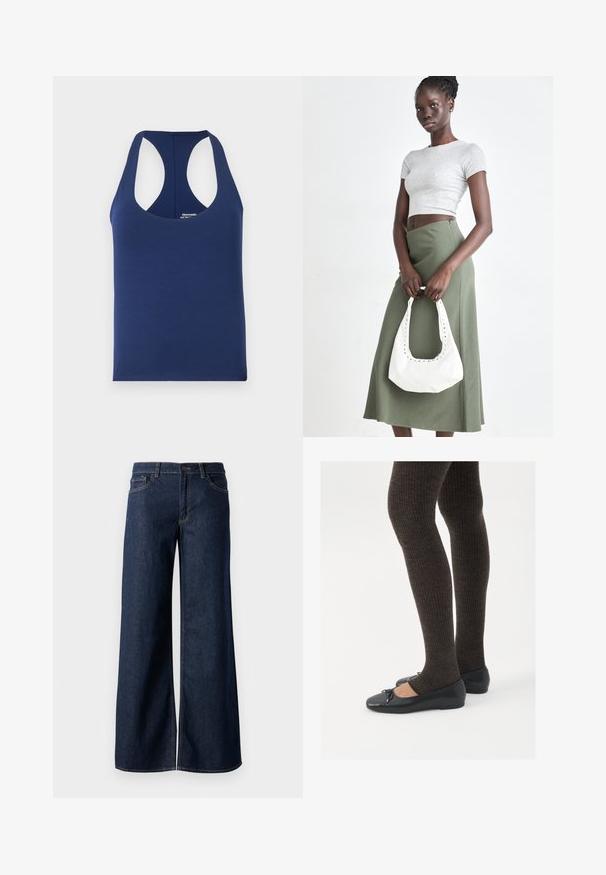 Marineblaues ärmelloses Tanktop aus weicher Baumwolle. Verfügt über einen runden Halsausschnitt und weite Armausschnitte. Einfaches, figurbetontes Design ohne Muster.; Weite Jeans in dunkelblauem Denim. Merkmale sind kontrastierende Nähte, fünf Taschen und ein Knopfverschluss an der Taille. Glatte Textur.; Schwarze flache Schuhe mit einem kleinen Schleifendetail an der Zehe, kombiniert mit dunkelbraunen gerippten Strumpfhosen. Die Schuhe haben eine glatte Textur und ein niedriges Profil.; Grauer gerippter Croptop und olivgrüner Rock mit hoher Taille. Das Modell hält eine weiße Schultertasche mit Ausschnittdetails. Schlichte Gestaltung, taillierte Silhouette.