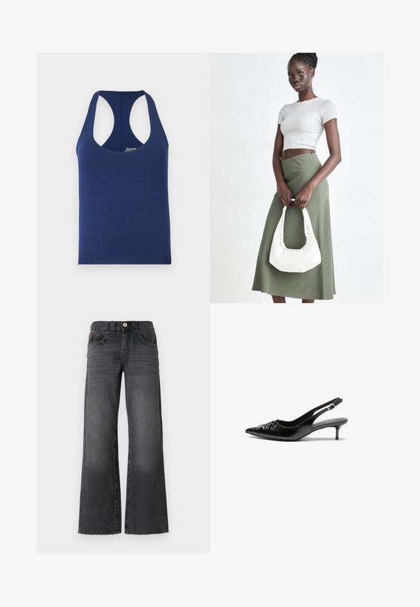 Tamsiai mėlynas be rankovių marškinėlis, pagamintas iš minkštos medvilnės. Su apvaliu iškirpimu ir plačiomis rankovių angomis. Paprastas, prigludęs dizainas be raštų.; Tiesios kojos džinsai tamsiai pilkos spalvos džinsinio audinio. Yra penki kišenės, mygtuko užsegimas ir subtilus išblukimas audinyje. Klasikiniai siuvimo akcentai.; Juodos odinės slingback aukštakulniai su smailiu nosiu, mažais katės kulnais ir dekoratyvine mazgo detale priekyje. Visas paviršius lygus.; Pilka juostuota trumpa palaidinė ir alyvuogių žalios spalvos aukšto liemens sijonas. Modelis laiko baltą petį krepšį su išpjovomis. Paprastas dizainas, prigludusi siluetas.