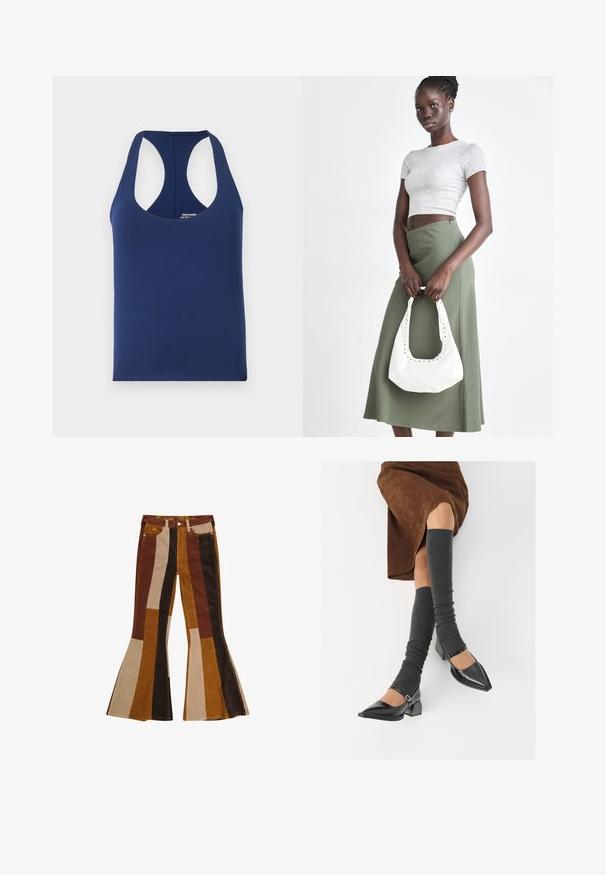 Navy blue sleeveless tank top made of soft cotton. Features a round neckline and wide armholes. Simple, fitted design with no patterns.; Flared corduroy pants featuring a striped pattern in shades of brown, beige, and gold, with pockets and a colored waistband.; Black patent leather pointed-toe shoes with a block heel and ankle strap, paired with gray ribbed leg warmers and a brown suede skirt.; Gray ribbed crop top and olive green high-waisted skirt. Model holds a white shoulder bag with cut-out detailing. Simple design, fitted silhouette.