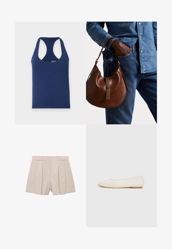 Navy blue sleeveless tank top made of soft cotton. Features a round neckline and wide armholes. Simple, fitted design with no patterns.; Beige pleated shorts with a tailored design, featuring a high waist and smooth texture. Four front pleats create volume. No pockets.; White flat shoe featuring a mesh design with a pointed toe and a low, flat sole. Textured upper with a smooth lining and subtle contrast trim.; Brown leather hobo bag with a rounded shape, featuring a gold hardware accent and contrast stitching. Paired with a denim shirt and jeans.