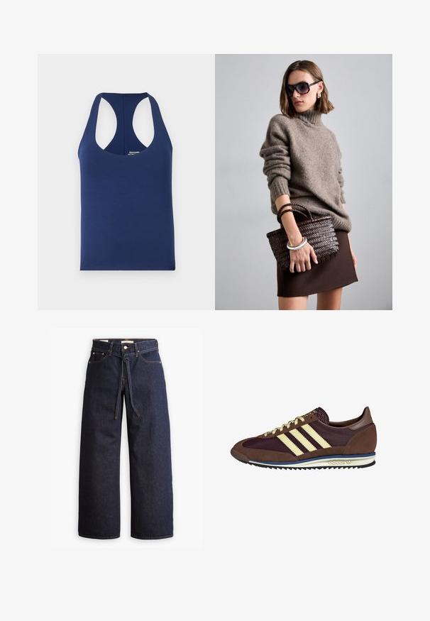 Navy blauwe mouwloze tanktop gemaakt van zachte katoen. Kenmerkt een ronde halslijn en brede armsgaten. Eenvoudig, aansluitend ontwerp zonder patronen.; Wijd pijpjes donkerblauwe denim jeans met een hoge taille, voorzien van een trekkoord, vijf zakken en contrasterende stiksels.; Bruine en bordeauxkleurige sneaker van suede en mesh materiaal, met drie crèmekleurige strepen, een gemêleerd stof op de tong en een rubberen zool.; DRAGON DIFFUSION MINI FLAT GORA - Handtas - dark brown