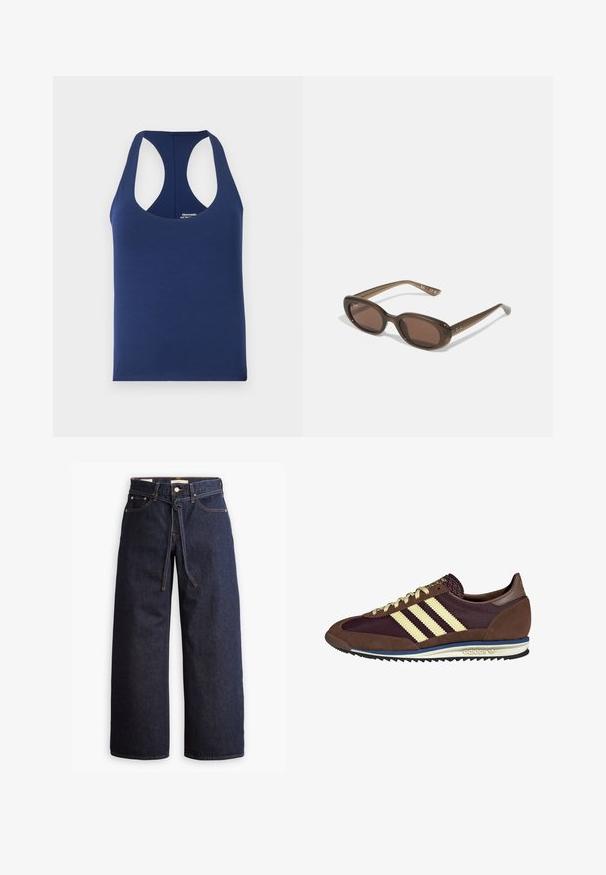 Mornarsko modra brezrokavna majica iz mehkega bombaža. Ima okroglo ovratnico in široke armhole. Preprost, prilegajoč se dizajn brez vzorcev.; Široke temno modre kavbojke z visokim pasom, ki imajo vrvico za zavezovanje, pet žepov in kontrastne šive.; Rjavi in rdeče-burgundske teniske iz usnja in mrežastega materiala, ki imajo tri smetane stripe, teksturirano blago na jeziku in gumijast podplat.; Rjave ovalne sončne naočare s temnimi lečami. Obloge so narejene iz prozorne rjave materiale in imajo na templjih natisnjeno logo.