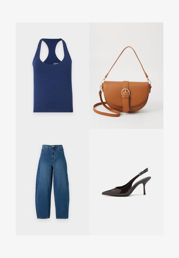 Klassinen sininen hihaton toppi, joka on valmistettu pehmeästä puuvillasta. Ominaisuudet pyöreä pääntie ja leveät käsiaukot. Yksinkertainen, muotoon tehty malli ilman kuvioita.; Denim-housut keskipitkässä sinisessä pesussa, joissa on korkea vyötärö, leveä lahje ja standardi viiden taskun muotoilu näkyvillä ompeluyksityiskohdilla.; Korkokenkät tummanruskeasta kiiltävästä patenttinnahasta, teräväkärkiset, avoimet sivut ja säädettävä nilkkaremmi.; Ruskean nahkainen olkalaukku, jossa on kaareva muoto, kultaiset yksityiskohdat ja solkiyksityiskohta. Varustettu irrotettavalla olkahihnalla.