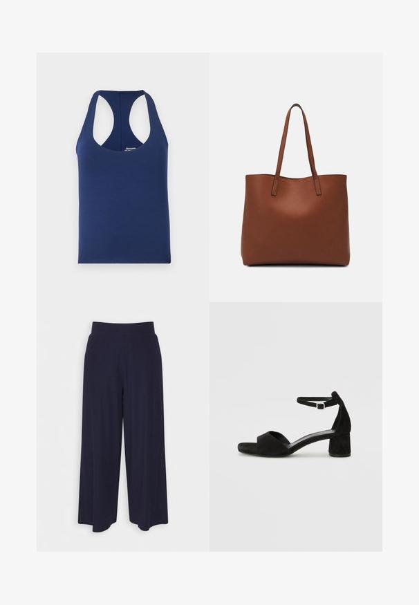 Granatowy top bez rękawów z miękkiej bawełny. Posiada okrągły dekolt i szerokie otwory na ramiona. Prosty, dopasowany krój bez wzorów.; Spodnie o szerokich nogawkach w ciemnonawiwowym materiale z rdzeniowym wzorem. Posiadają gładki pas i luźny krój, sięgający do połowy łydki.; Czarne zamszowe sandały na obcasie z cienkim paskiem wokół kostki, otwartym noskiem i skromnym słupkowym obcasem. Gładka faktura i minimalne akcenty.; Brązowa skórzana torba tote o gładkiej fakturze, z otwartym wierzchem i dwoma ramiączkami. Charakteryzuje się minimalnym przeszyciem i brakiem widocznych elementów metalowych.
