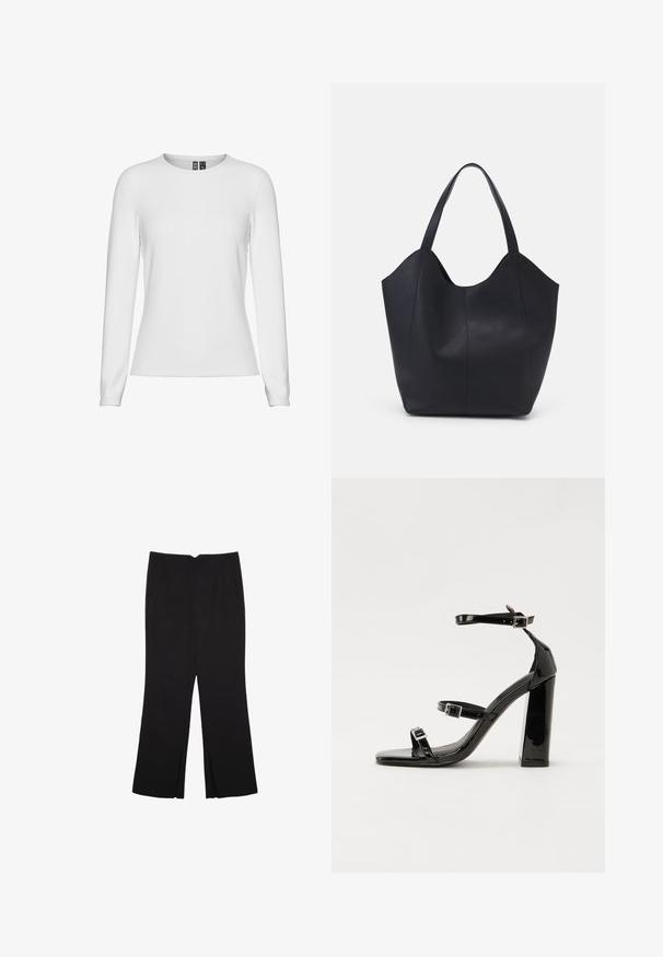 Weißes Langarmshirt aus glattem Baumwollmischgewebe. Mit Rundhalsausschnitt und taillierter Passform, mit Bündchen an den Ärmeln.; Schwarze Hose mit geradem Schnitt, ausgestattet mit Fronttaschen und Seitenschlitzen am Saum. Hergestellt aus weichem, glattem Stoff. Geeignet für verschiedene Anlässe.; Schwarze patentierte Sandalen mit Absatz, quadratischer Spitze, Knöchelriemen und silbernen Schnallen. Mit einem stabilen Blockabsatz für mehr Stabilität.; Schwarze Tote-Bag aus glattem Leder, mit einem abgerundeten, offenen Oberteil, zwei Schulterträgern und einem minimalistischen Design.