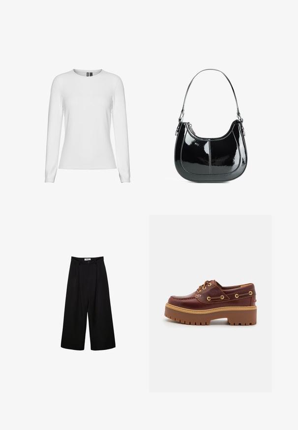 Camicia bianca a maniche lunghe realizzata in un morbido cotone misto. Presenta un colletto a girocollo e un design aderente con polsini alle maniche.; Pantaloni neri a gamba larga con vita alta, fronte pieghettato e chiusura con bottone. Realizzati in tessuto morbido con un design sartoriale.; Scarpa da barca in pelle marrone con suola in gomma marrone robusta, occhielli dorati e cuciture a contrasto. Presenta un logo sul lato.; Borsa a mano in pelle verniciata nera, con design curvo, chiusura con zip e un solo manico a spalla caratterizzato da hardware e cuciture in tono argento.