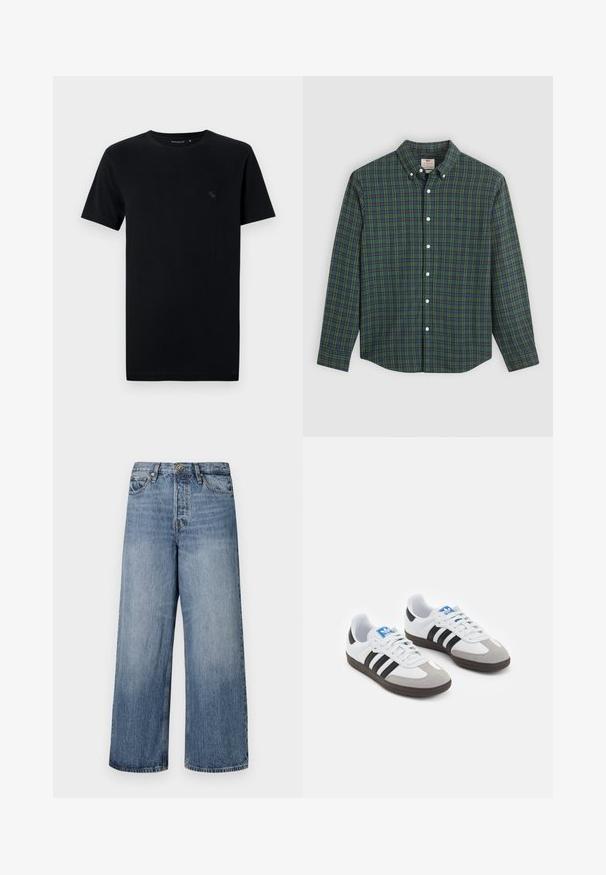 Črna bombažna majica s kratkimi rokavi, okroglo ovratnikom, ki se ponaša z majhnim, diskretnim logotipom v usklajeni barvi na levem predelu prsij.; Srajca z dolgimi rokavi z gumbom, v zeleni, modri in rumeni karirasti vzorec, z belimi gumbi in ovratnikom z gumbom.; Široke modre denim hlače s blago obrabljenim tonom, zasnovo s petimi žepe in z gumbom za zapiranje. Opremljene so z zankami za pas in šivanjem detajlov.; Športni čevlji z belim usnjenim zgornjim delom, sivim semišem na prstih in tremi črnimi črtami. Imajo modro logo na jeziku in teksturiran gumijast podplat.