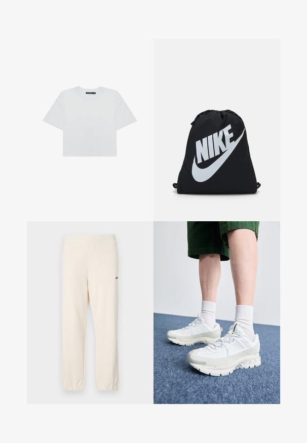 Weißes, tailliertes T-Shirt aus Baumwolle mit Rundhalsausschnitt und kurzen Ärmeln. Das Etikett am Halsausschnitt trägt die Aufschrift "BALMOHK". Einfaches und schlichtes Design.; Cremefarbene Jogginghosen mit elastischem Bund und Bündchen, mit seitlichen Taschen und einem kleinen schwarzen Logo auf der Rückseite.; Weiße Sportschuhe mit strukturierten Überzügen, einer dicken Sohle und grauen Akzenten. Tragen mit weißen Crew-Socken und grünen Shorts auf einer blauen Oberfläche.; Schwarzer Zugbeutel mit großem weißen Nike-Logo. Hergestellt aus leichtem Stoff mit glatter Oberfläche und runder Form.