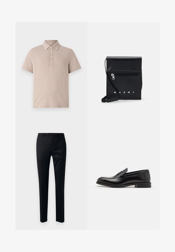 Polo de manga corta beige hecho de una tela texturizada. Presenta una tapeta abotonada con cinco botones y un diseño de collar clásico.; Pantalones de vestir negros con una tela suave, diseño de pierna tapered, cierre de botón único y bolsillos laterales para mayor utilidad.; Mocasines de cuero negro con una textura suave, puntera redondeada y una tira decorativa en el empeine. Tacón bajo apilado, diseño minimalista.; Bolso de hombro de cuero negro con un bolsillo frontal con cremallera, logo en relieve y correa ajustable. Textura suave con una forma estructurada.