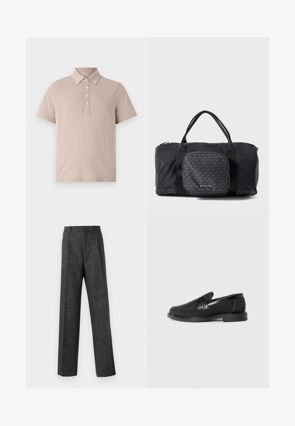 Béžová polokošeľa s krátkym rukávom vyrobená z texturovanej tkaniny. Obsahuje zapínanie na gombíky so piatimi gombíkmi a klasický dizajn goliera.; Sivé úzke nohavice z textúrovanej látky, s dvoma prednými skladmi a rovnými nohavicami. Bez viditeľných vreciek alebo ozdôb.; Čierne tkané slip-on topánky s hladkým koženým akcentom na vrchnej časti, s okrúlym dizajnom špičky a nízkoprofilovou gumovou podrážkou.; Čierna taška cez rameno Michael Kors s dvojitými rúčkami, predným zipsovým vreckom so vzorom opakovaného loga MK a značkovým označením Michael Kors.