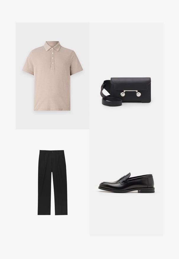 Beige, rövid ujjú poloing texturált anyagból. Öt gombos, gombolós kivágással és klasszikus gallér kialakítással rendelkezik.; Fekete nadrág egyenes szárú kialakítással, sima anyagból készült. Elöl redők és egy gombos záródás található a derékon.; Fekete bőr loaferek sima textúrával, kerek orral és dekoratív pánttal a vampnál. Alacsony, rétegelt sarkú, minimalista dizájn.; Fekete bőr keresztpántos táska hajtókával, ezüst színű kiegészítőkkel és két kerek díszítéssel. Levehető pánttal rendelkezik. Simább textúrájú.; Ezüst négyzet alakú óra fehér számlappal, fekete római számokkal és "WATER RESIST" felirattal. Fekete bőrszíj, texturált felülettel.