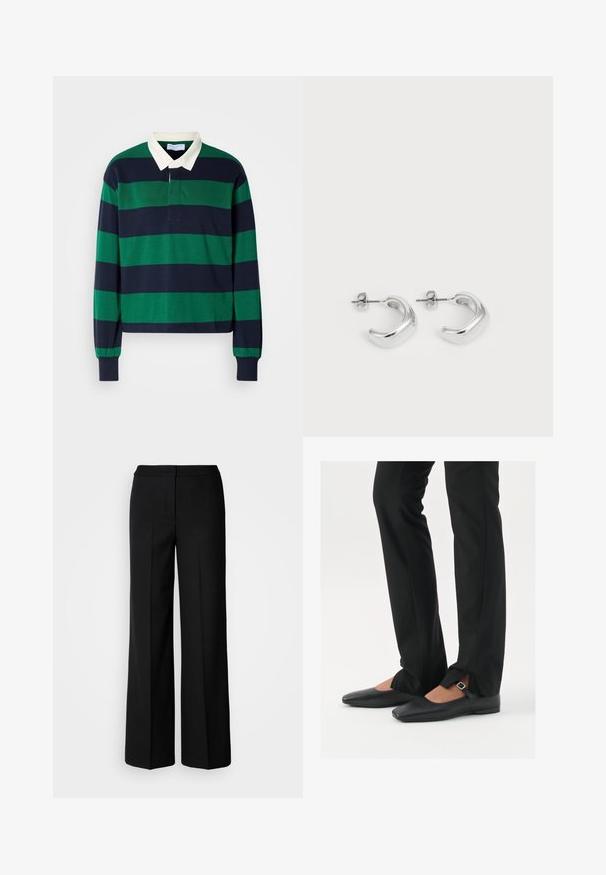 Pikkade varrukatega polo särk, millel on rohelised ja tumesinised horisontaalsed triibud, valge krae ja nööbiga avamine. Valmistatud pehmest puuvillamaterjalist.; Mustad laiad püksid siledast kangast, millel on kõrge vöökoht, kohandatud õmblused ja minimalistlik kujundus. Ei ole nähtavat riistvara ega taskuid.; Mustadast mustast nahast balletkingad terava ninaga, millel on rihm hõbedase klambriga, kokku sobitatud mustade ülikondpükstega, millel on lõhiku serv.; Hõbedased rõngas kõrvarõngad, millel on sile ja poleeritud viimistlus. Ümmargune kuju, millel on veidi kumer disain ja sulandatud servad. Klambri sulgemine.