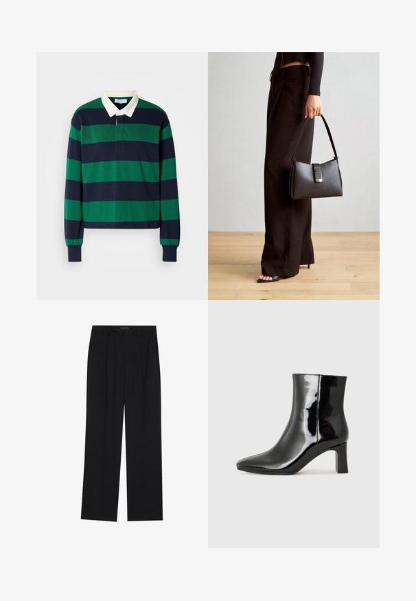 Langärmeliges Polohemd mit grünen und marineblauen horizontalen Streifen, ausgestattet mit einem weißen Kragen und Knopfleiste. Hergestellt aus weichem Baumwollmaterial.; Schwarze Hose mit geradem Bein, ausgestattet mit zwei frontalen Taschen und einem Taillenbund. Hergestellt aus einem glatten, leichten Stoff.; Schwarzer Lackleder-Stiefelette mit spitzer Zehe und einem mittelhohen Blockabsatz. Glatte Textur und minimalistisches Design.; Schwarze Handtasche mit strukturierter Form, glatter Textur und einem metallischen Verschluss. Kombiniert mit weiten schwarzen Hosen und offenen Sandalen auf einem Holzboden.