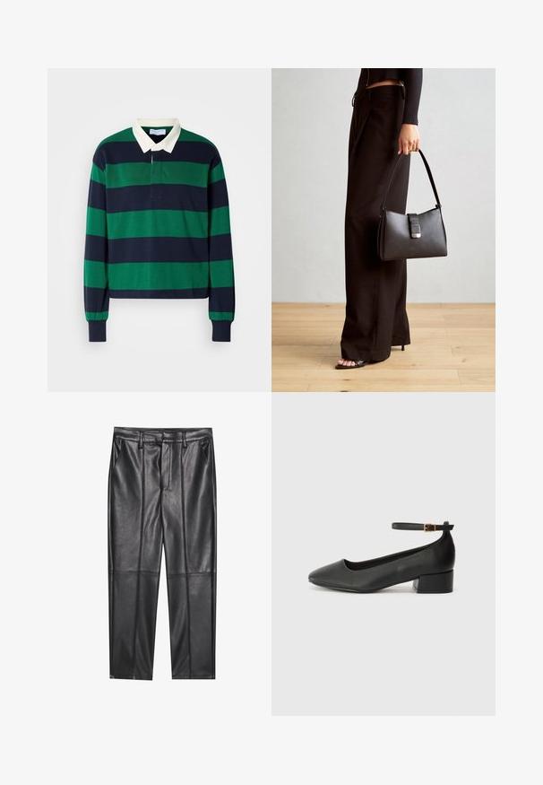 Polo a maniche lunghe con righe orizzontali verdi e blu navy, dotato di colletto bianco e patta con bottoni. Realizzato in morbido cotone.; Pantaloni in pelle nera con una texture liscia, caratterizzati da un fit dritto, due tasche frontali e dettagli delle cuciture in evidenza.; Pump in pelle nera con punta affusolata e tacco basso a blocco. Presenta una cinghia alla caviglia con una fibbia in tonalità oro. Texture liscia.; Borsa nera con forma strutturata, texture liscia e una chiusura metallica. Abbinata a pantaloni neri larghi e sandali open-toe su un pavimento in legno.