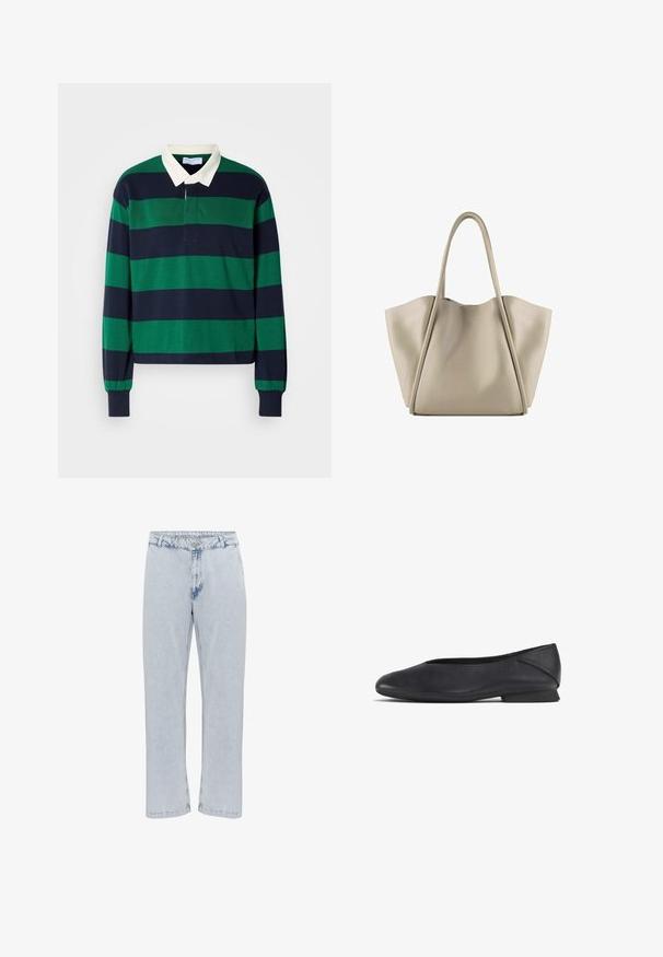 Garām piedurknēm polo krekls ar zaļām un tumši zilām horizontālām svītrām, ar baltu apkakli un pogu aizdari. Izgatavots no mīksta kokvilnas materiāla.; Gai zilā džinsu bikses ar taisnu kāju dizainu, ar tradicionālu pogu un rāvējslēdzēju, un nedaudz nolietotu tekstūru.; Melnas ādas plakanas kurpes ar noapaļotu purngalu un zemu papēdi, paredzētas ikdienišķai vai formālai valkāšanai.; Bežs ādas rokassoma ar plašu, strukturētu dizainu. Iekļauj divas garas rokturus un smalkas šuvju detaļas; nav redzamu metāla daļu.